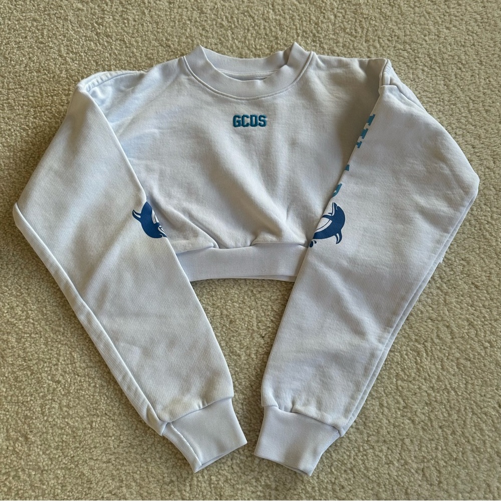 GCDS “Wet Dreamers” graphic white ultra-cropped long-sleeve sweater